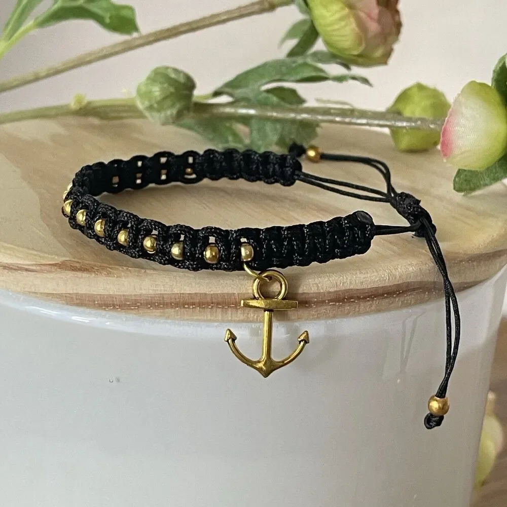 Handmade Black Braided Charm Bracelet Women Mens  Anchor New